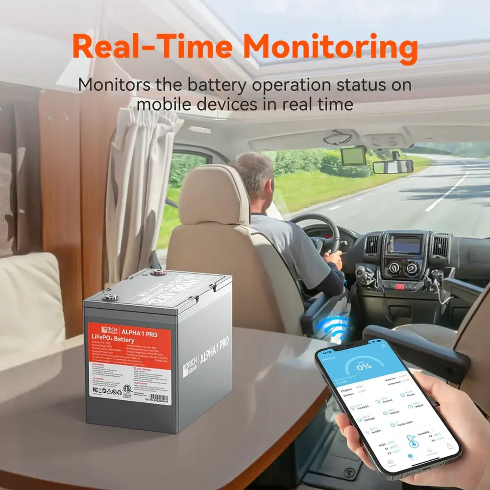 Hand holding a smartphone displaying the real-time Bluetooth monitoring app inside a moving motorhome next to a Rich Solar ALPHA 1 PRO LiFePO4 battery.