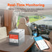 Hand holding a smartphone displaying the real-time Bluetooth monitoring app inside a moving motorhome next to a Rich Solar ALPHA 1 PRO LiFePO4 battery.