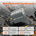 Graphic illustration of a Rich Solar ALPHA 1 PRO lithium battery floating above a circuit board, highlighting smart BMS safety protection, stable voltage, and high peak current features.