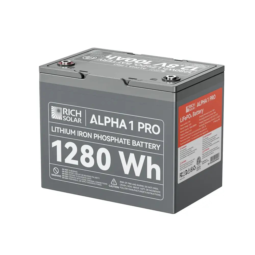 Front view of the Rich Solar ALPHA 1 PRO 12V 100Ah lithium iron phosphate battery highlighting its 1280Wh capacity printed on a durable gray housing.