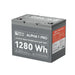 Front view of the Rich Solar ALPHA 1 PRO 12V 100Ah lithium iron phosphate battery highlighting its 1280Wh capacity printed on a durable gray housing.