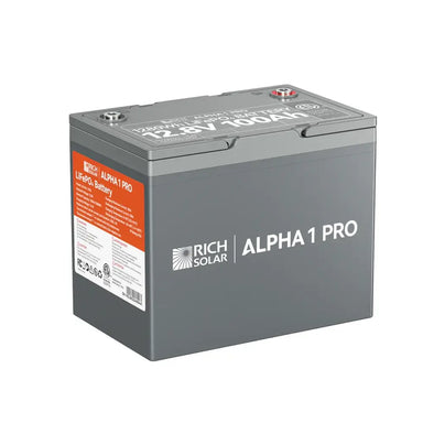 Rich Solar ALPHA 1 PRO 12.8V 100Ah LiFePO4 lithium iron phosphate battery showing a clean perspective view with product branding and technical specification labels.