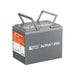 Studio shot of the Rich Solar ALPHA 1 PRO 12.8V 100Ah lithium iron phosphate battery on a white background with its dual built-in carrying handles flipped up for easy transport.