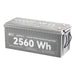 Studio product view of the Rich Solar Alpha 2 12V 200Ah 2560Wh lithium iron phosphate battery with internal heat technology, heavy-duty rope handles, and terminal caps on a white background.