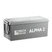 Side angle view of the grey Rich Solar Alpha 2 deep cycle lithium battery housing showing the prominent white Rich Solar logo branding and durable casing design.