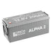 Top-down angle of the Rich Solar Alpha 2 12.8V 200Ah LiFePO4 battery showing printed technical specifications, terminal placements, and product ratings on the lid.