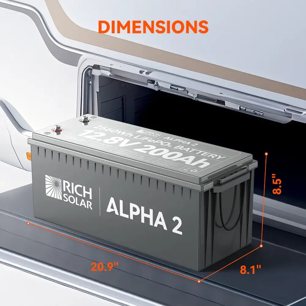 Dimension diagram for the Rich Solar Alpha 2 200Ah battery next to an RV luggage compartment door, measuring 20.9 inches long, 8.1 inches wide, and 8.5 inches high.
