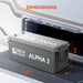 Dimension diagram for the Rich Solar Alpha 2 200Ah battery next to an RV luggage compartment door, measuring 20.9 inches long, 8.1 inches wide, and 8.5 inches high.