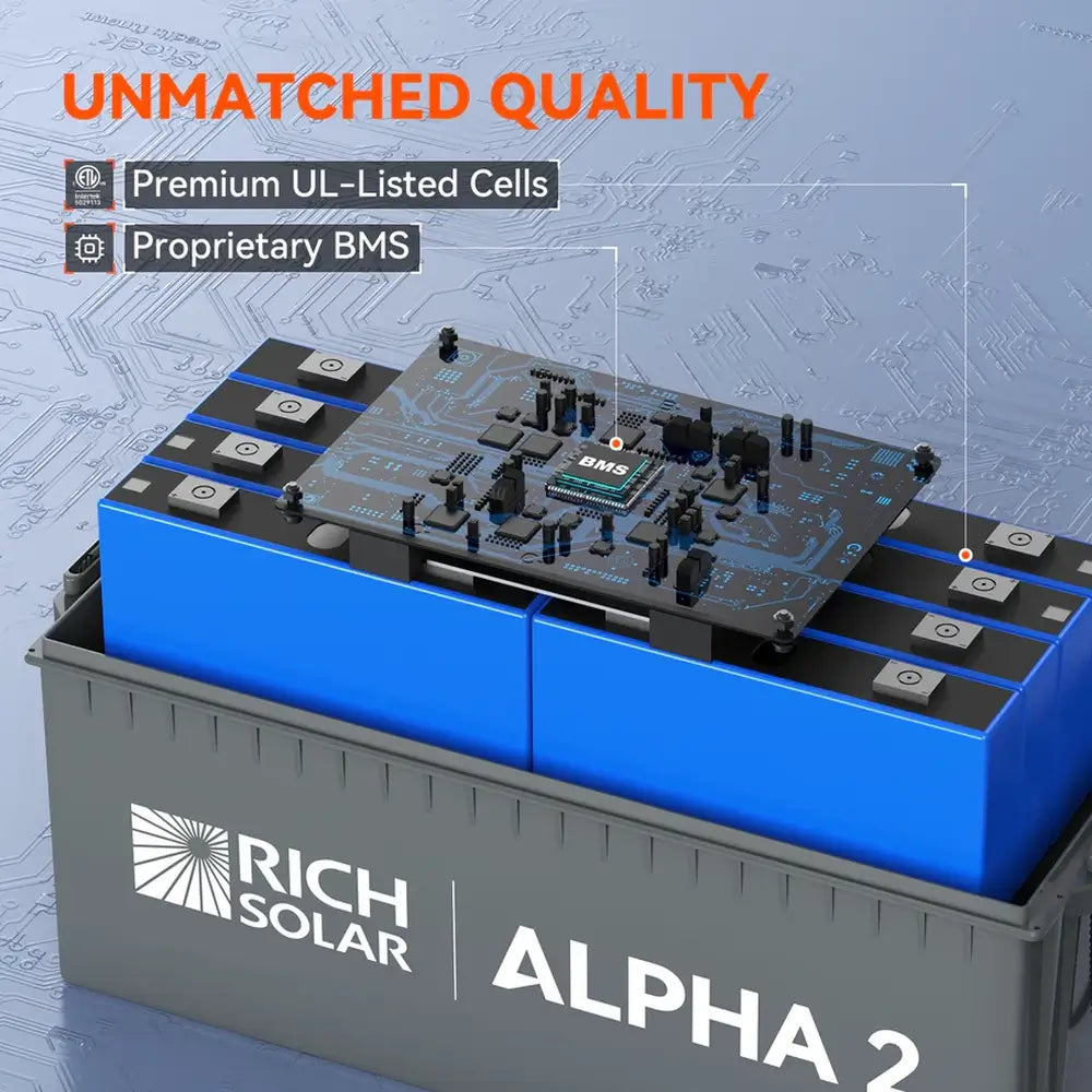3D internal render of the Rich Solar Alpha 2 battery showing premium UL-listed blue prismatic LiFePO4 cells and a proprietary built-in Battery Management System (BMS) circuit board.