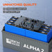 3D internal render of the Rich Solar Alpha 2 battery showing premium UL-listed blue prismatic LiFePO4 cells and a proprietary built-in Battery Management System (BMS) circuit board.