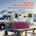 Transparent product diagram of the Rich Solar Alpha 2 self-heating lithium battery showing internal heat pads glowing red for winter performance next to a motorhome parked in a snowy landscape.