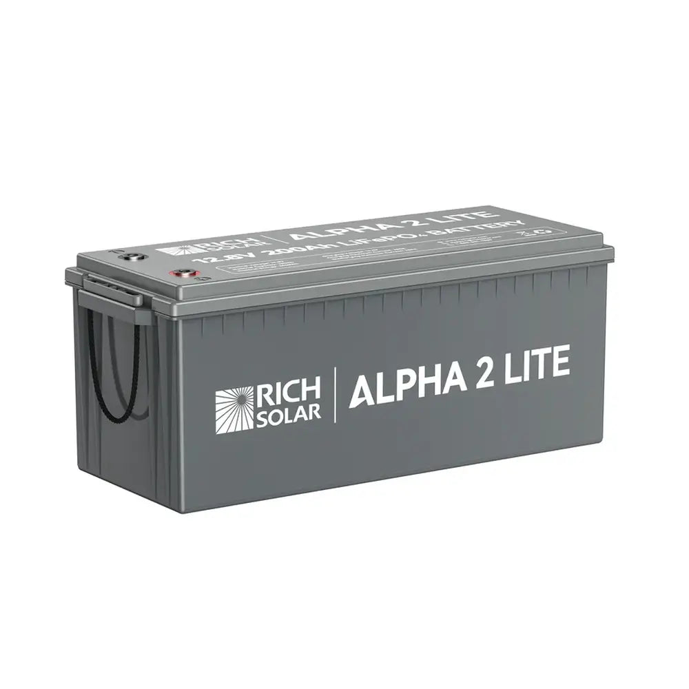 Clean studio product shot of the front-left angle of the Rich Solar ALPHA 2 LITE 12V 200Ah LiFePO4 Lithium Iron Phosphate battery with integrated carrying handles on a solid white background.