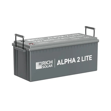 Studio product image of the Rich Solar ALPHA 2 LITE 12V 200Ah LiFePO4 deep cycle battery with both heavy-duty rope handles pulled upward into the carrying position.