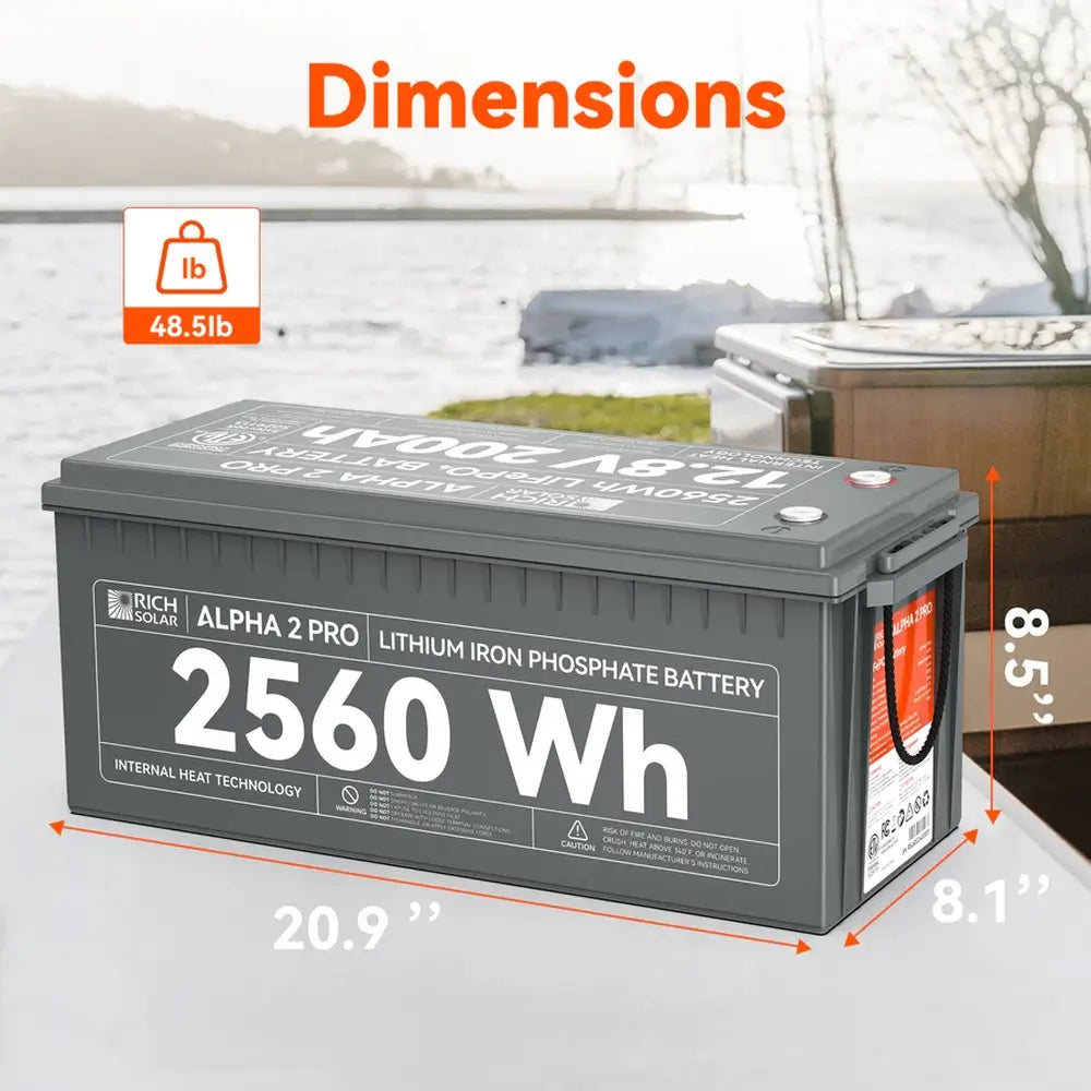 Rich Solar ALPHA 2 PRO 12V 200Ah LiFePO4 battery dimension diagram showing 20.9 inches length, 8.1 inches width, 8.5 inches height, and 48.5 lbs weight.