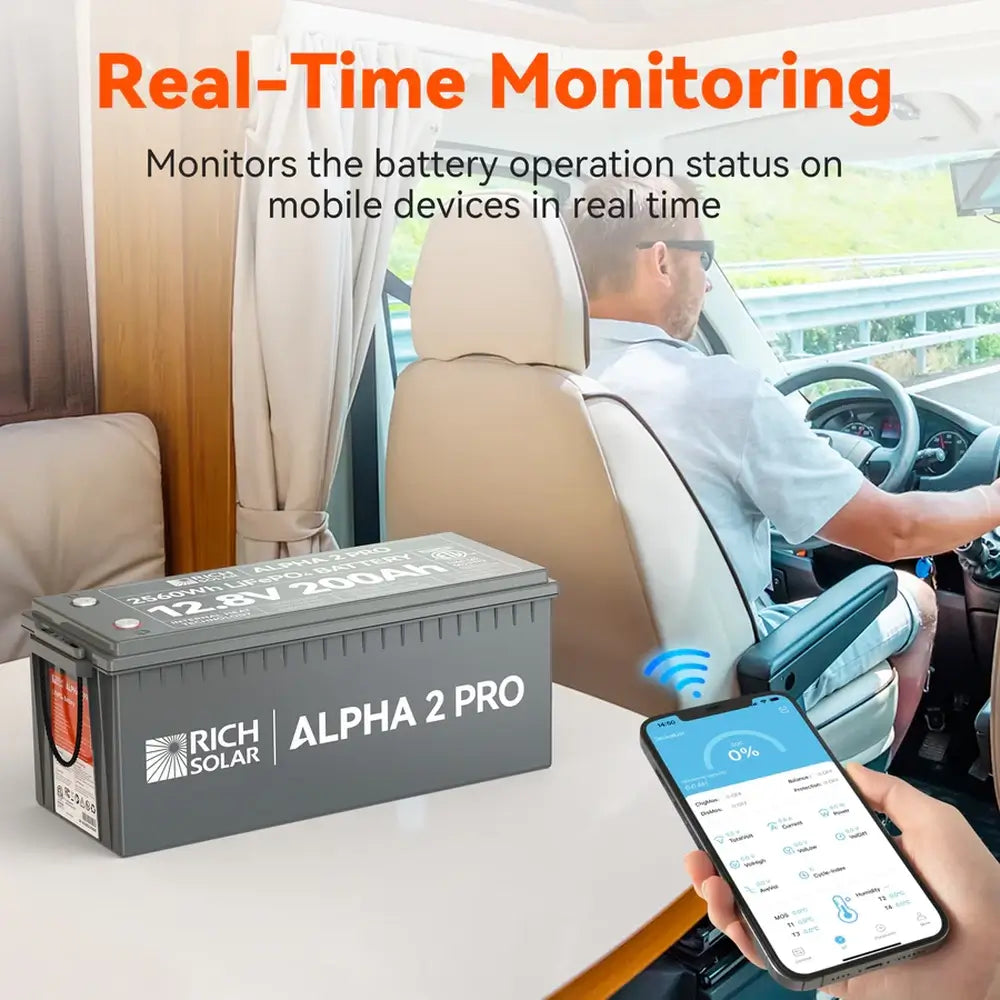 Real-time Bluetooth smartphone app interface displaying operation status and battery metrics for the Rich Solar ALPHA 2 PRO 12V 200Ah battery inside an RV.