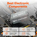 Technical graphic of the Rich Solar ALPHA 2 PRO 12V 200Ah LiFePO4 battery paired with a smart BMS circuit board, emphasizing overcurrent safety protection, stable voltage, and long lifespan.