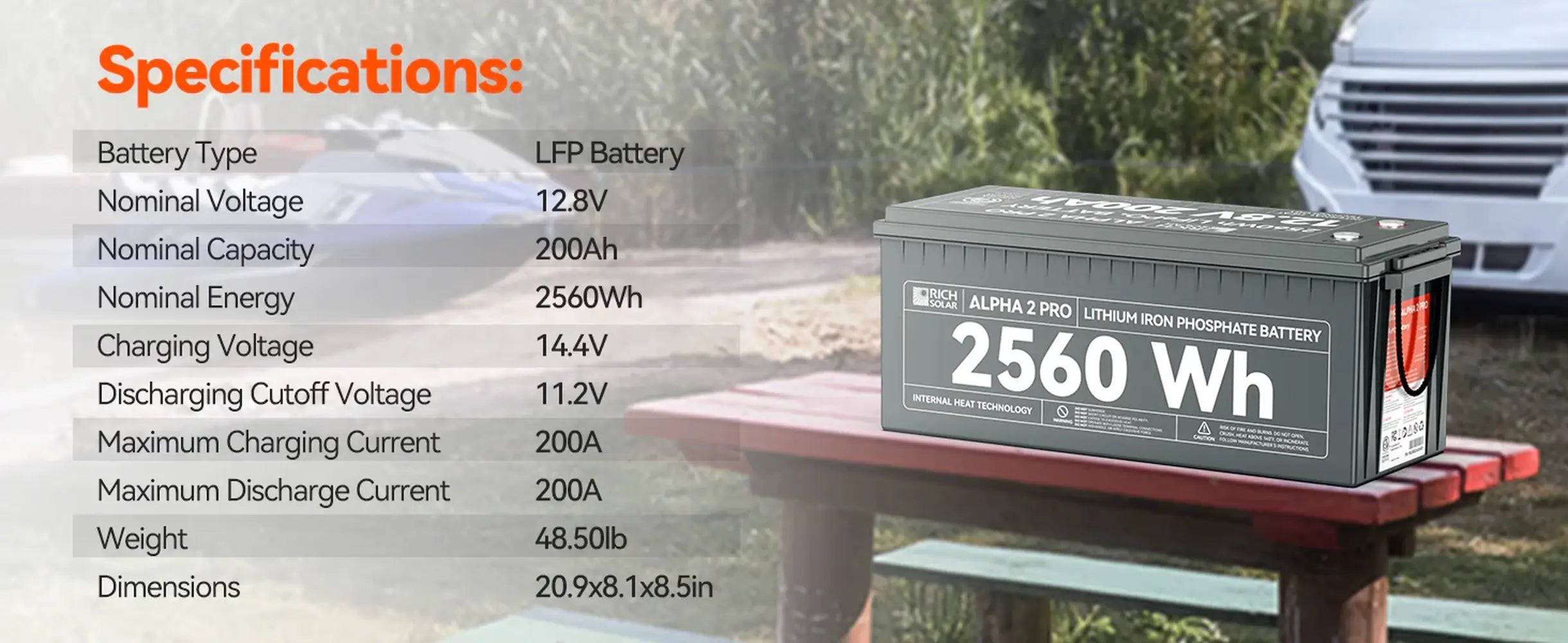 Detailed specifications chart for the Rich Solar ALPHA 2 PRO 12.8V 200Ah 2560Wh LFP battery, listing charging voltage, 200A maximum discharge current, weight, and dimensions at an RV park.