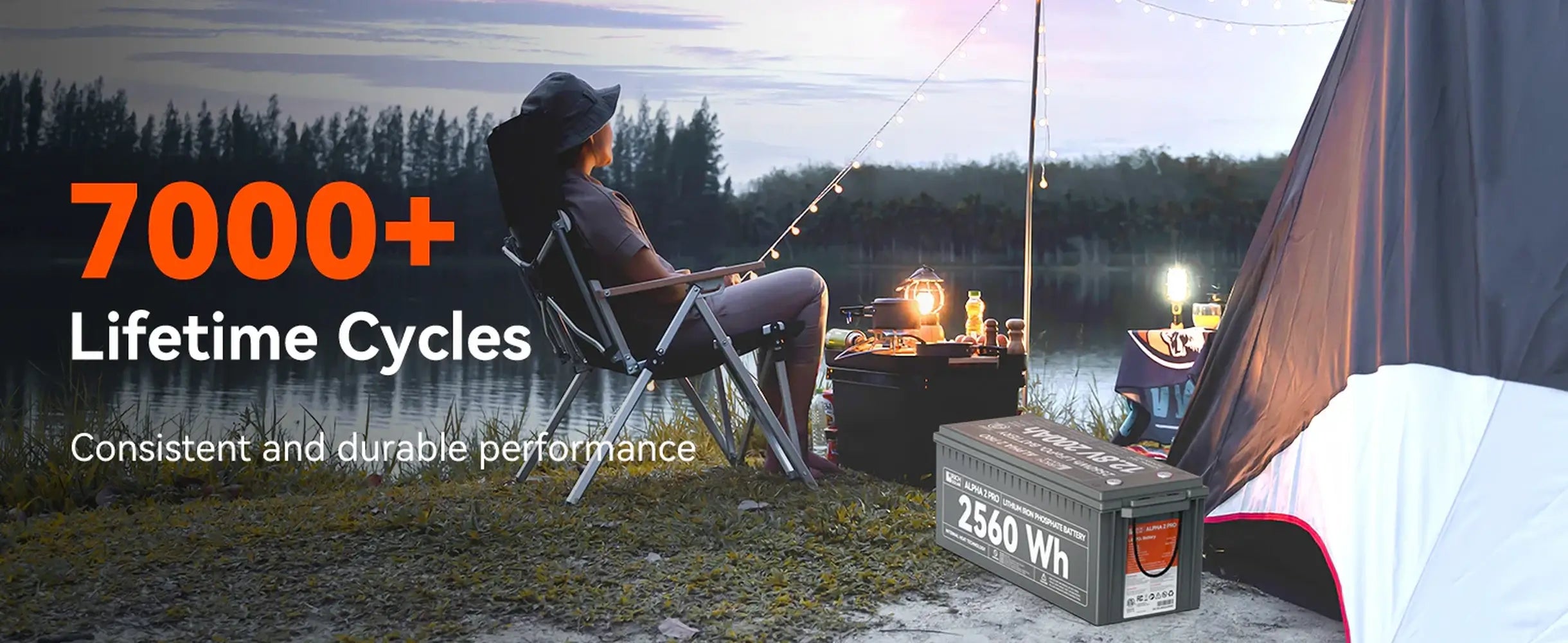 Rich Solar ALPHA 2 PRO 12V deep cycle lithium battery providing off-grid tent power at a lakeside campsite, highlighting its 7000+ lifetime charge cycles.