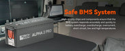 Rich Solar ALPHA 2 PRO LiFePO4 battery inside a camper van setup, with overlay text detailing built-in BMS protection against overcharge, short-circuits, and temperature extremes.