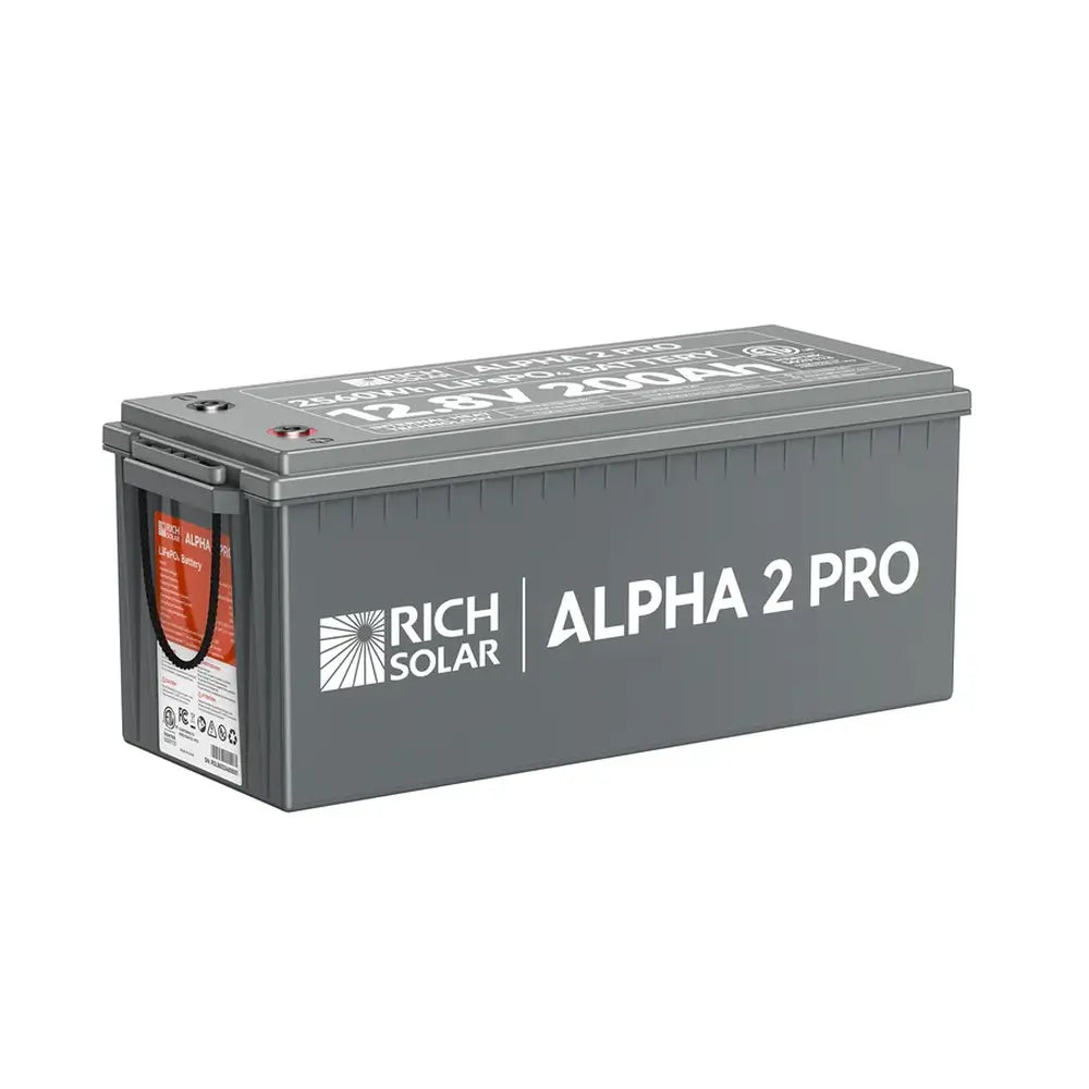 Studio product shot of the Rich Solar ALPHA 2 PRO 12V 200Ah 2560Wh Lithium Iron Phosphate LiFePO4 battery on a clean white background.
