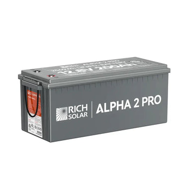 Studio product shot of the Rich Solar ALPHA 2 PRO 12V 200Ah 2560Wh Lithium Iron Phosphate LiFePO4 battery on a clean white background.