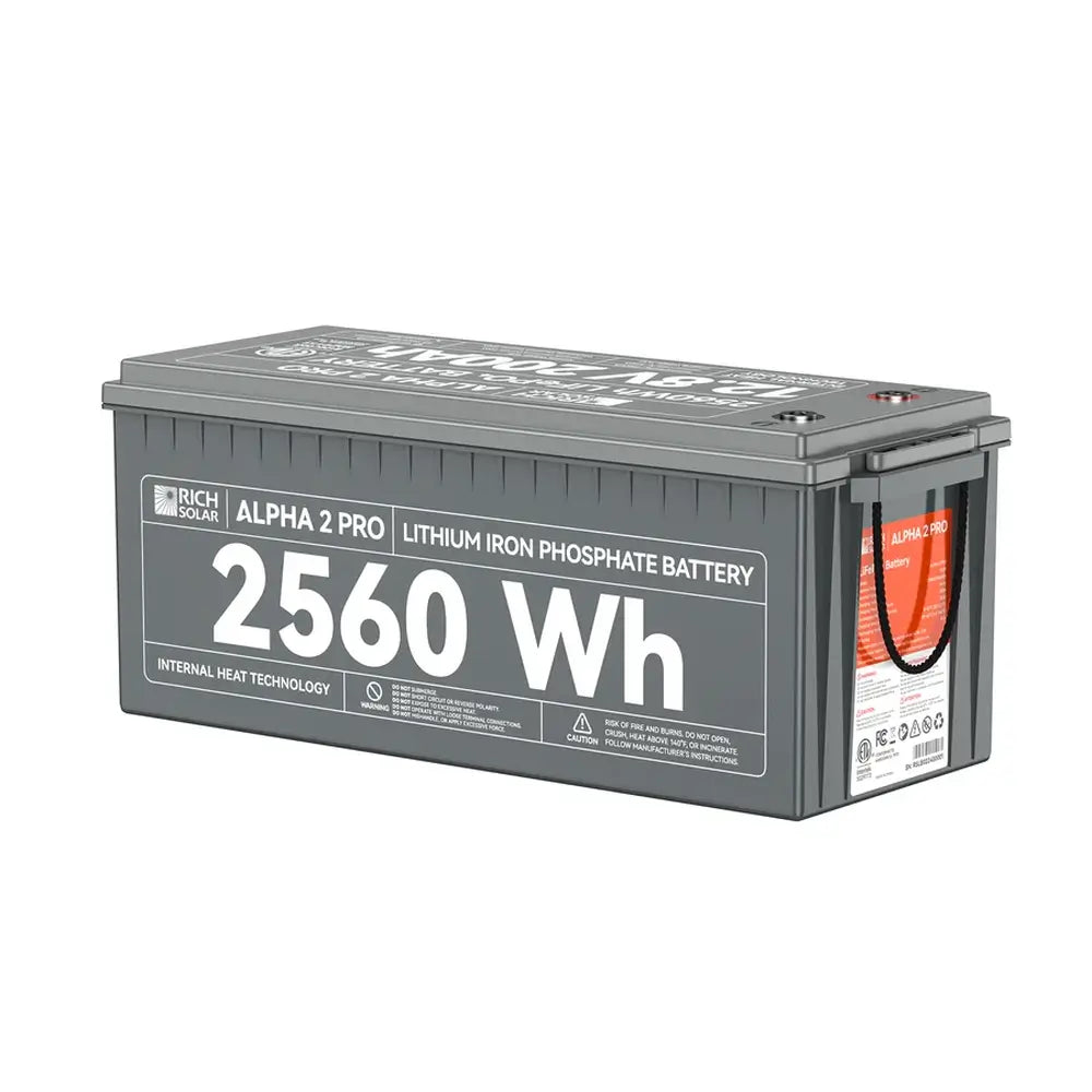 Front-facing view of the Rich Solar ALPHA 2 PRO LiFePO4 battery showcasing the prominent 2560Wh and internal heat technology specification label.