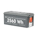 Front-facing view of the Rich Solar ALPHA 2 PRO LiFePO4 battery showcasing the prominent 2560Wh and internal heat technology specification label.
