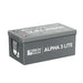 Angled front and top view of the Rich Solar ALPHA 3 LITE 12.8V 300Ah LiFePO4 battery showing the grey casing, brand logo, and terminal positions.