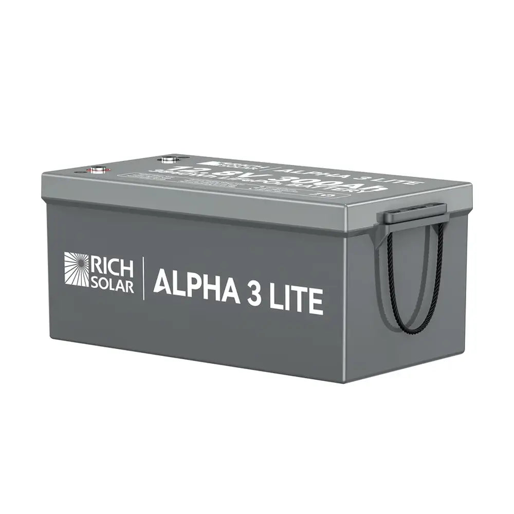 Side perspective view of the Rich Solar ALPHA 3 LITE 12V 300Ah lithium iron phosphate battery highlighting its clean profile and integrated side carrying handle.