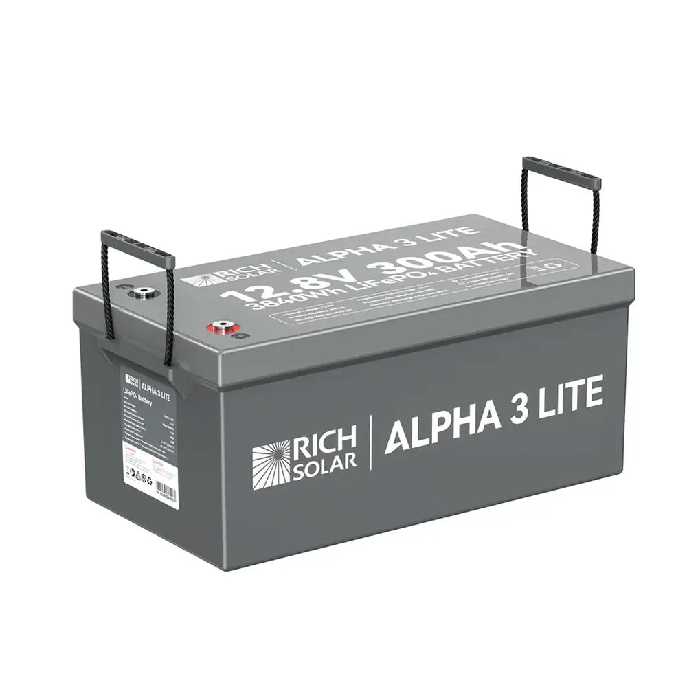 Rich Solar ALPHA 3 LITE 12.8V 300Ah 3840Wh solar battery shown from a three-quarter angle with both built-in rope handles extended upward for carrying.