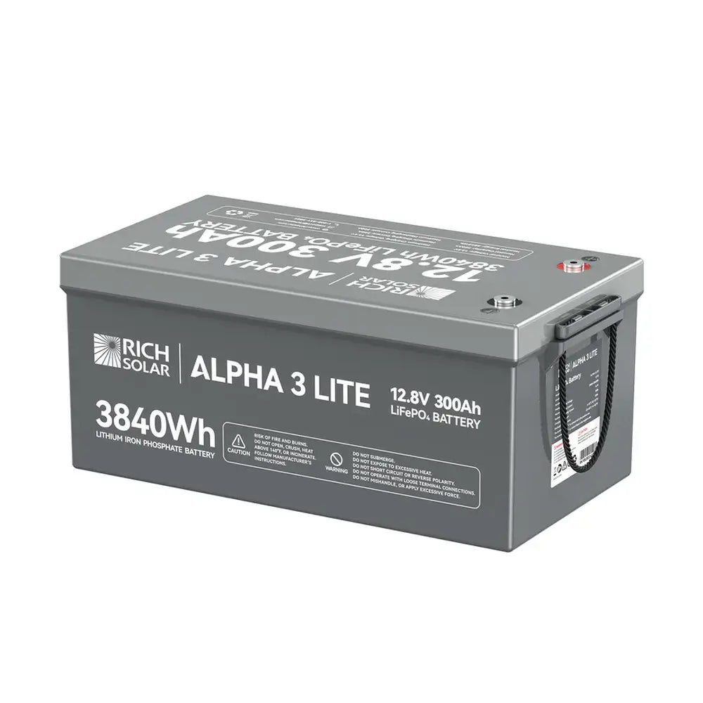 Detailed side view of the Rich Solar ALPHA 3 LITE 3840Wh LiFePO4 battery showcasing the printed technical specifications and product safety warning labels.