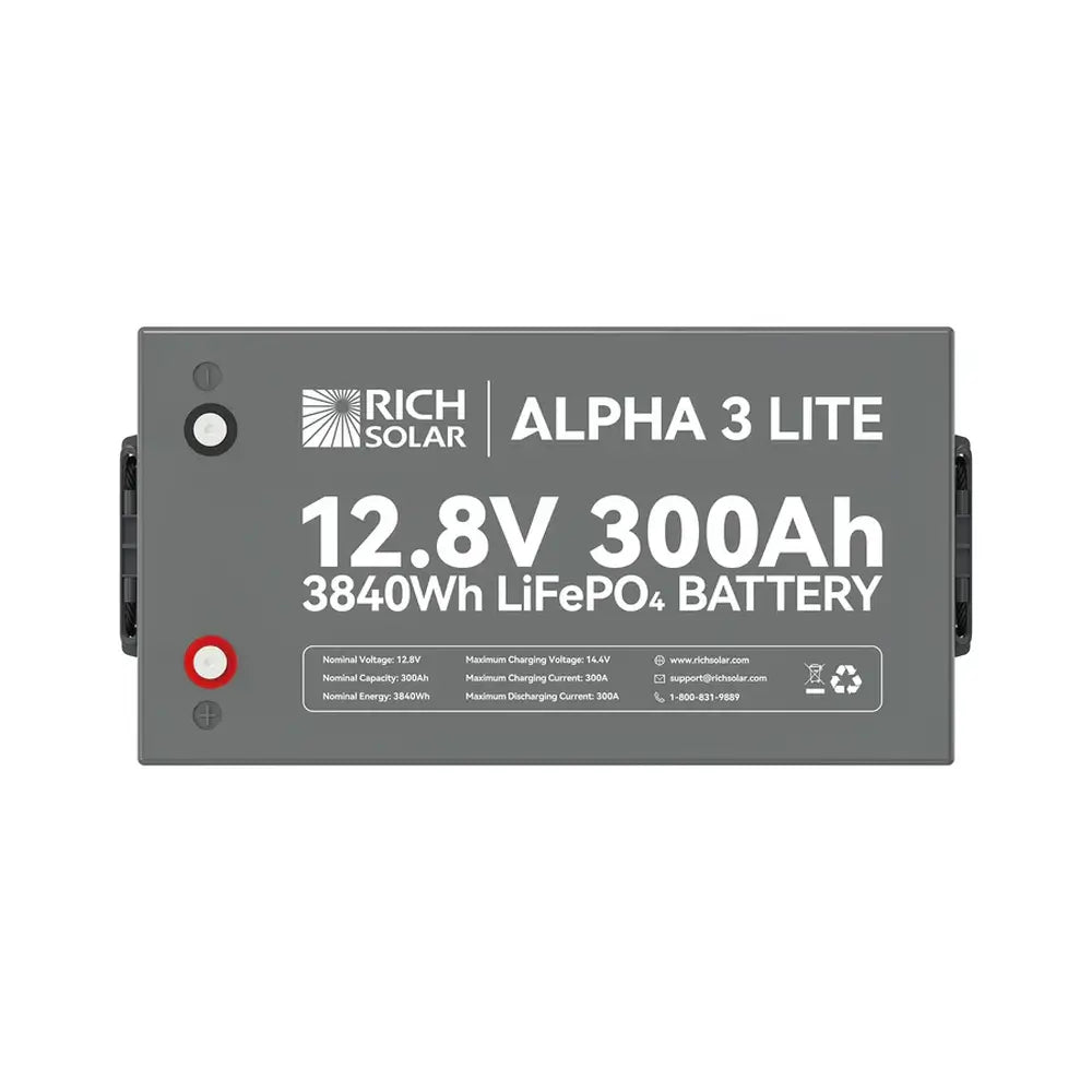 Direct top-down view of the Rich Solar ALPHA 3 LITE 12V 300Ah battery lid detailing the positive and negative terminals alongside the full electrical specification chart.