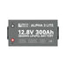 Direct top-down view of the Rich Solar ALPHA 3 LITE 12V 300Ah battery lid detailing the positive and negative terminals alongside the full electrical specification chart.