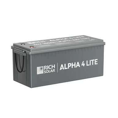Rich Solar ALPHA 4 LITE 24V 100Ah LiFePO4 Battery on a white background, showcasing a compact grey casing and top terminals.