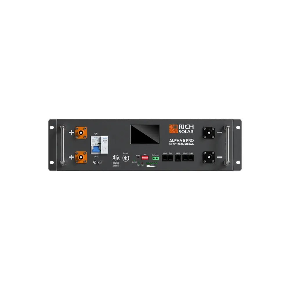 Front panel view of a single Rich Solar ALPHA 5 PRO 48V Server Rack Battery displaying the LCD screen, circuit breaker, and communication ports.