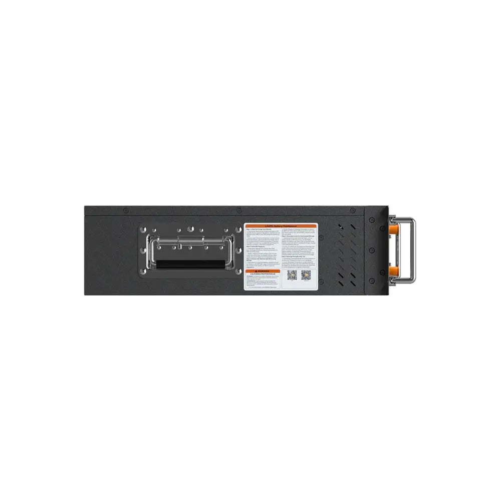 Right side view of the Rich Solar ALPHA 5 PRO 48V Server Rack Battery featuring a recessed metal carrying handle and maintenance warning labels.