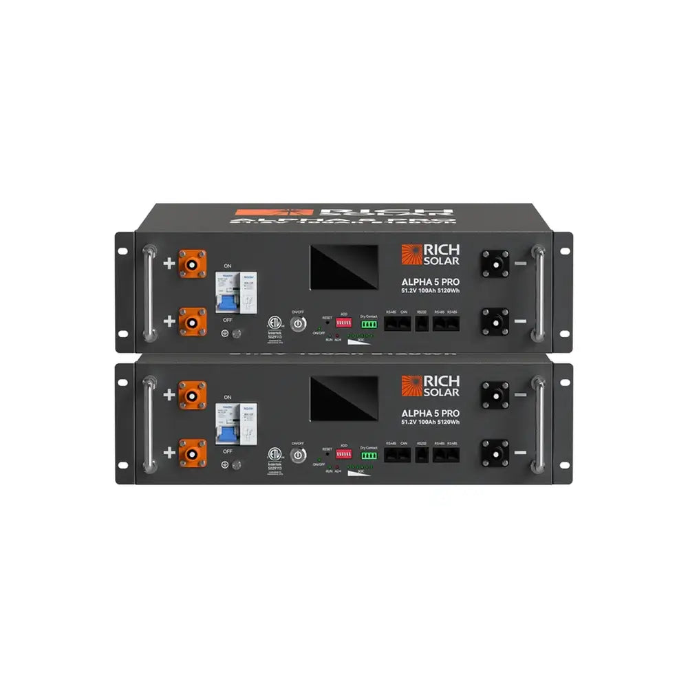 Two Rich Solar ALPHA 5 PRO 48V 100Ah Server Rack Batteries stacked vertically, displaying front panel connections and LCD screens.