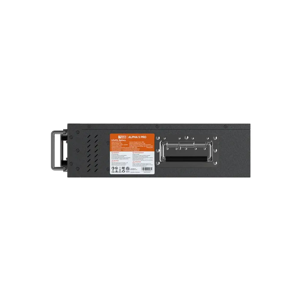 Left side view of the Rich Solar ALPHA 5 PRO 48V Server Rack Battery showing the technical specifications label and metal lifting handle.