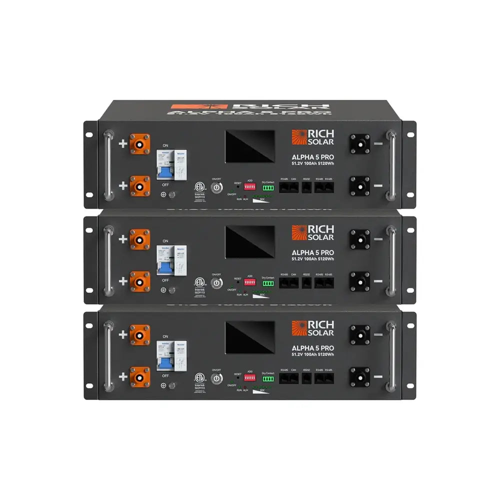 Three Rich Solar ALPHA 5 PRO 48V Server Rack Batteries stacked vertically, showcasing the front control panels, battery terminals, and LCD displays.