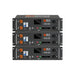 Three Rich Solar ALPHA 5 PRO 48V Server Rack Batteries stacked vertically, showcasing the front control panels, battery terminals, and LCD displays.
