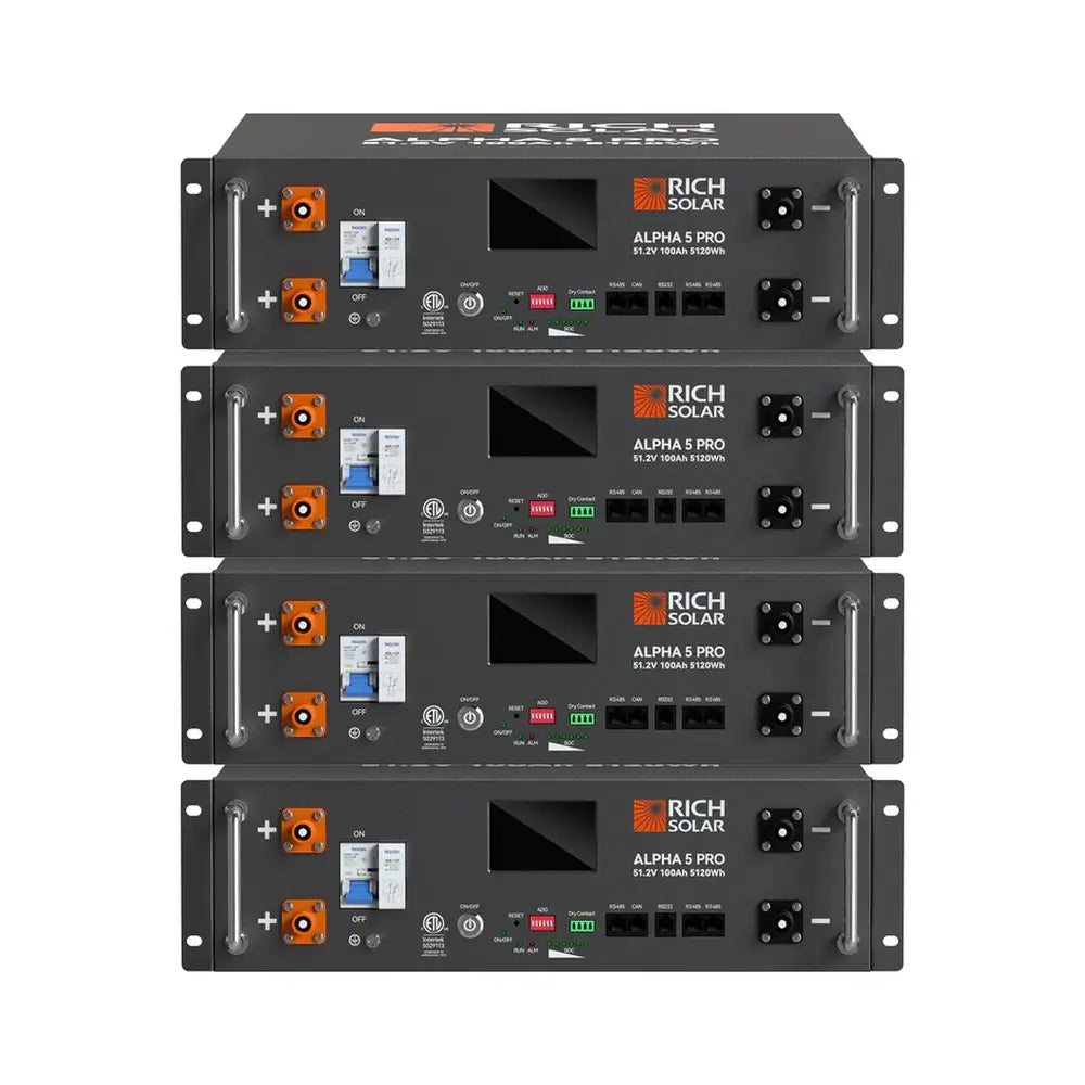 Four Rich Solar ALPHA 5 PRO 48V Server Rack Batteries arranged in a vertical stack, highlighting the scalable design for off-grid power systems.