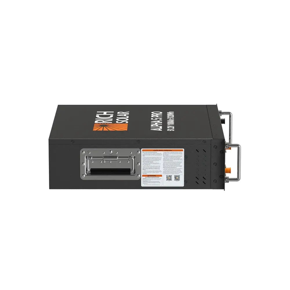 Isometric angled view of a single Rich Solar ALPHA 5 PRO 48V Server Rack Battery, showing the front display, rack-mount brackets, and side carrying handle.