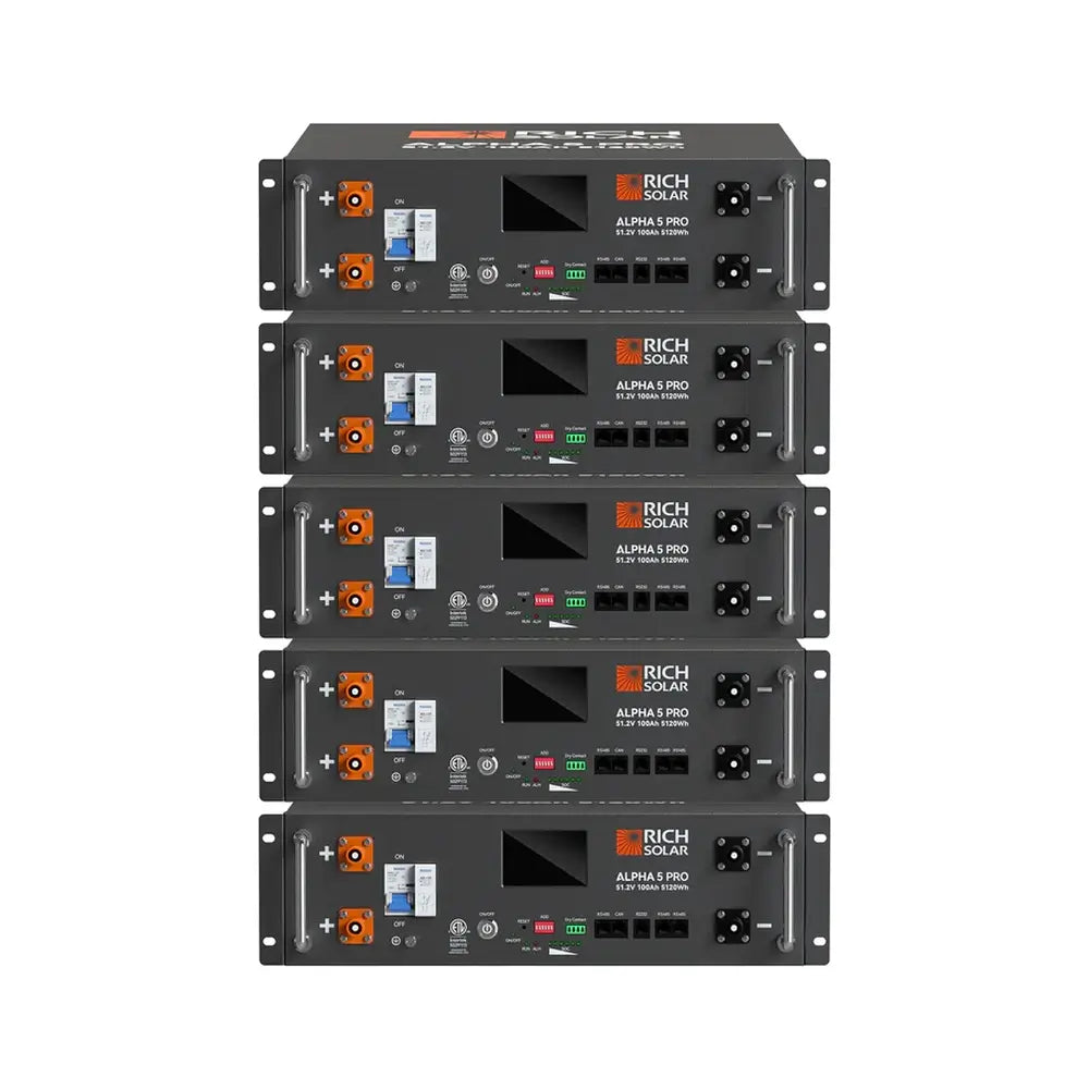 Five Rich Solar ALPHA 5 PRO 48V Server Rack Batteries stacked vertically, showing the uniform front panels, terminals, and built-in LCD displays.