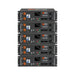 Five Rich Solar ALPHA 5 PRO 48V Server Rack Batteries stacked vertically, showing the uniform front panels, terminals, and built-in LCD displays.