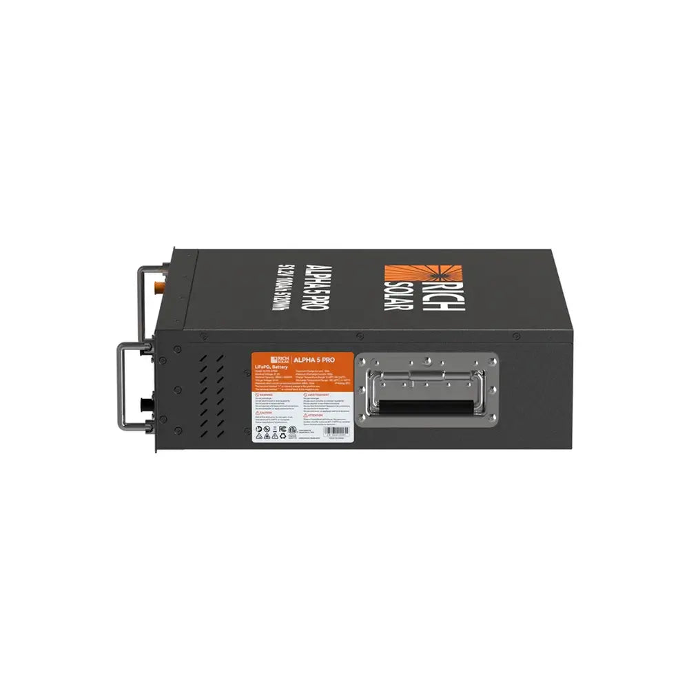 Alternative angled view of the Rich Solar ALPHA 5 PRO 48V Server Rack Battery, detailing the heavy-duty metal casing and clean modular design.
