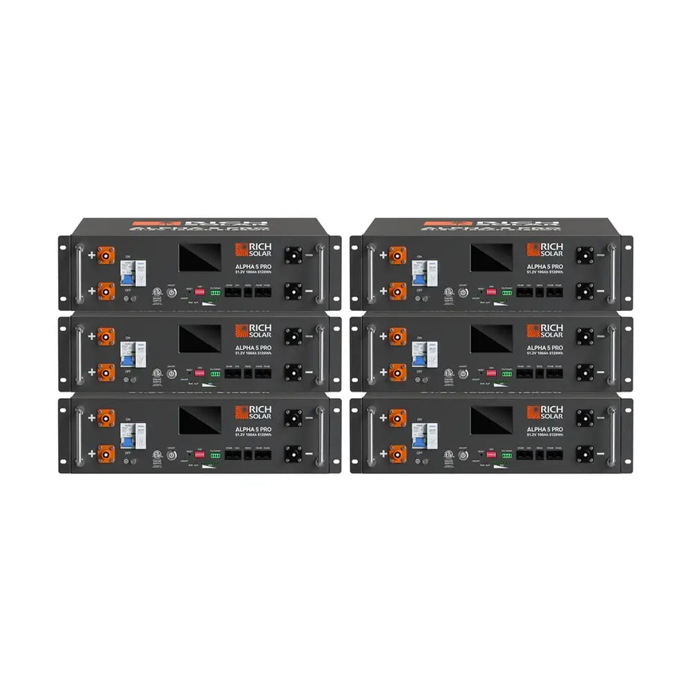 sometric view of six Rich Solar ALPHA 5 PRO 48V Server Rack Batteries stacked vertically, demonstrating a complete solar battery bank configuration.