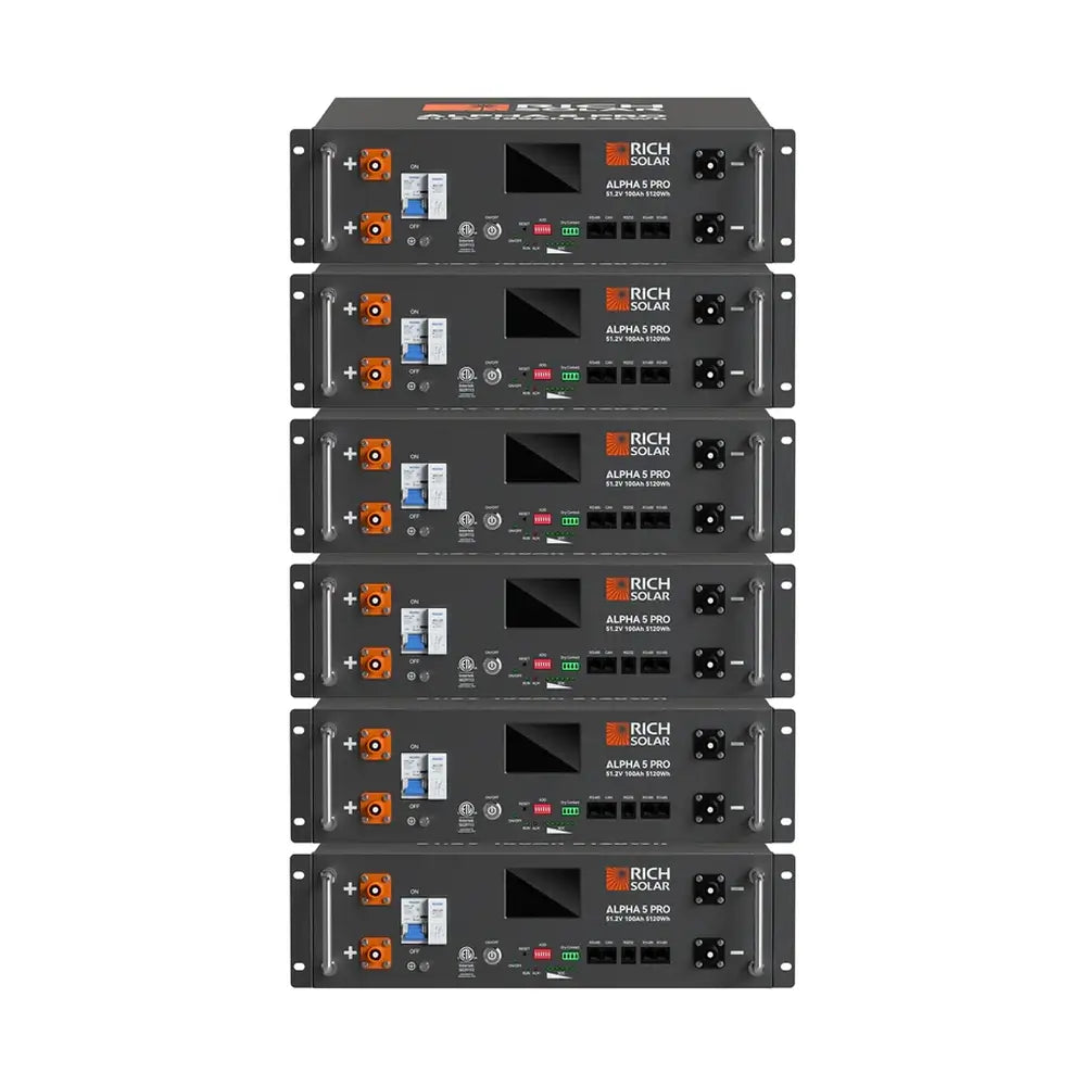 Six stacked Rich Solar ALPHA 5 PRO 48V Server Rack Batteries, illustrating a high-capacity residential or commercial solar energy storage setup.