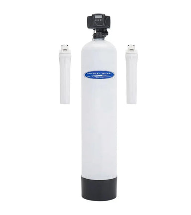 Crystal Quest Acid Neutralizing Water Filtration System with single white fiberglass tank and two pre-filters.