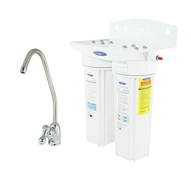 Crystal Quest Dual Stage Alkaline Under Sink Water Filter System with white canisters and chrome faucet.