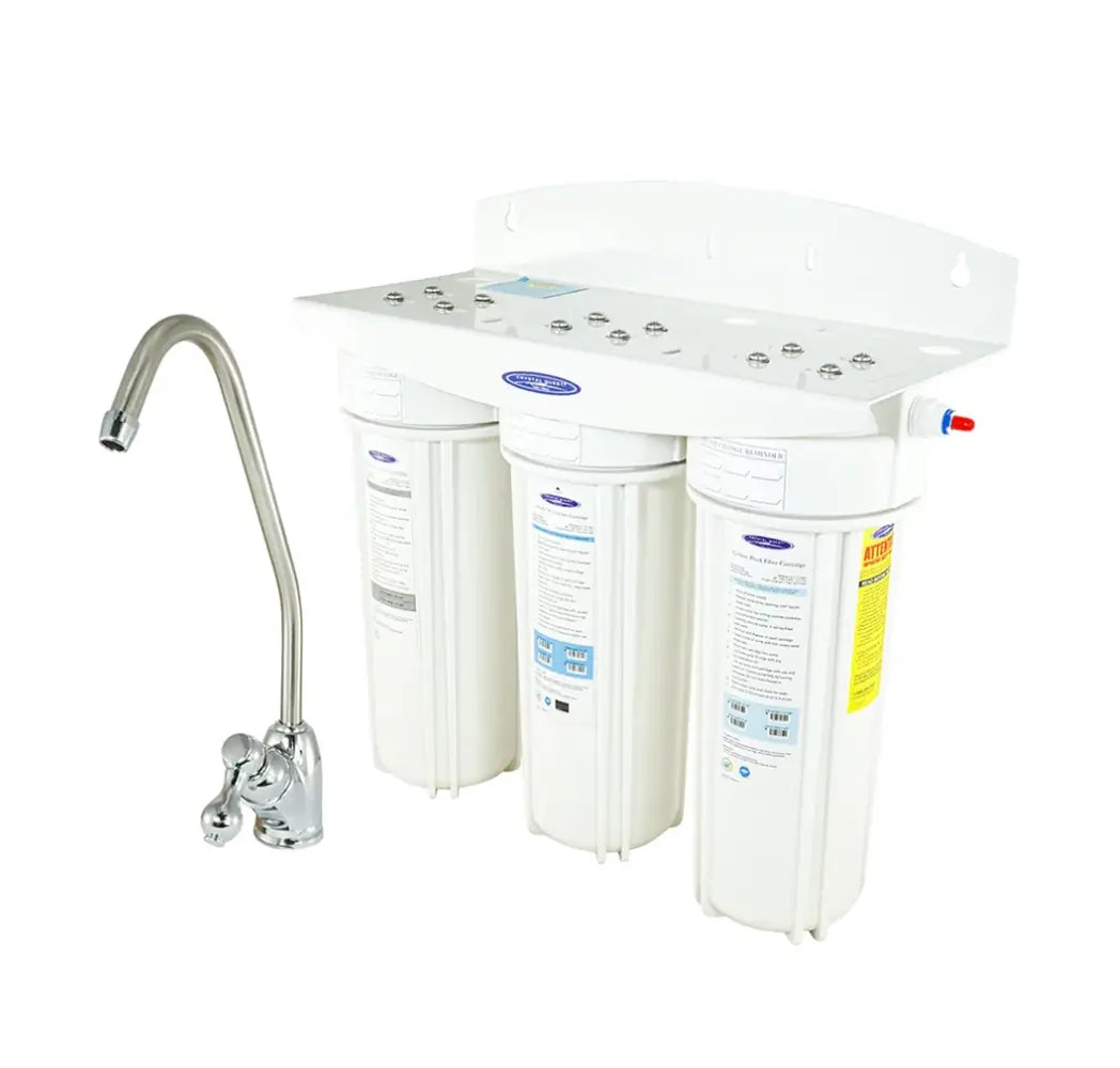 Crystal Quest Triple Stage Alkaline Under Sink Water Filtration System featuring three-canister design and chrome faucet.